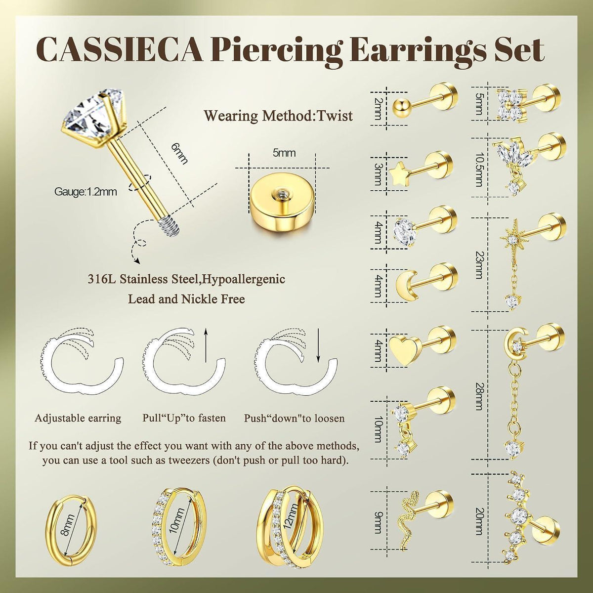 Helix Piercing Set für Damen | 15pcs Gold & Silber Ohrringe