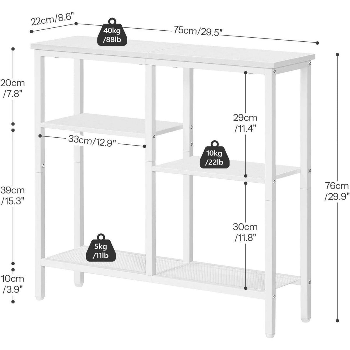 Schmaler Konsolentisch 75cm Weiß mit 4 Regalen