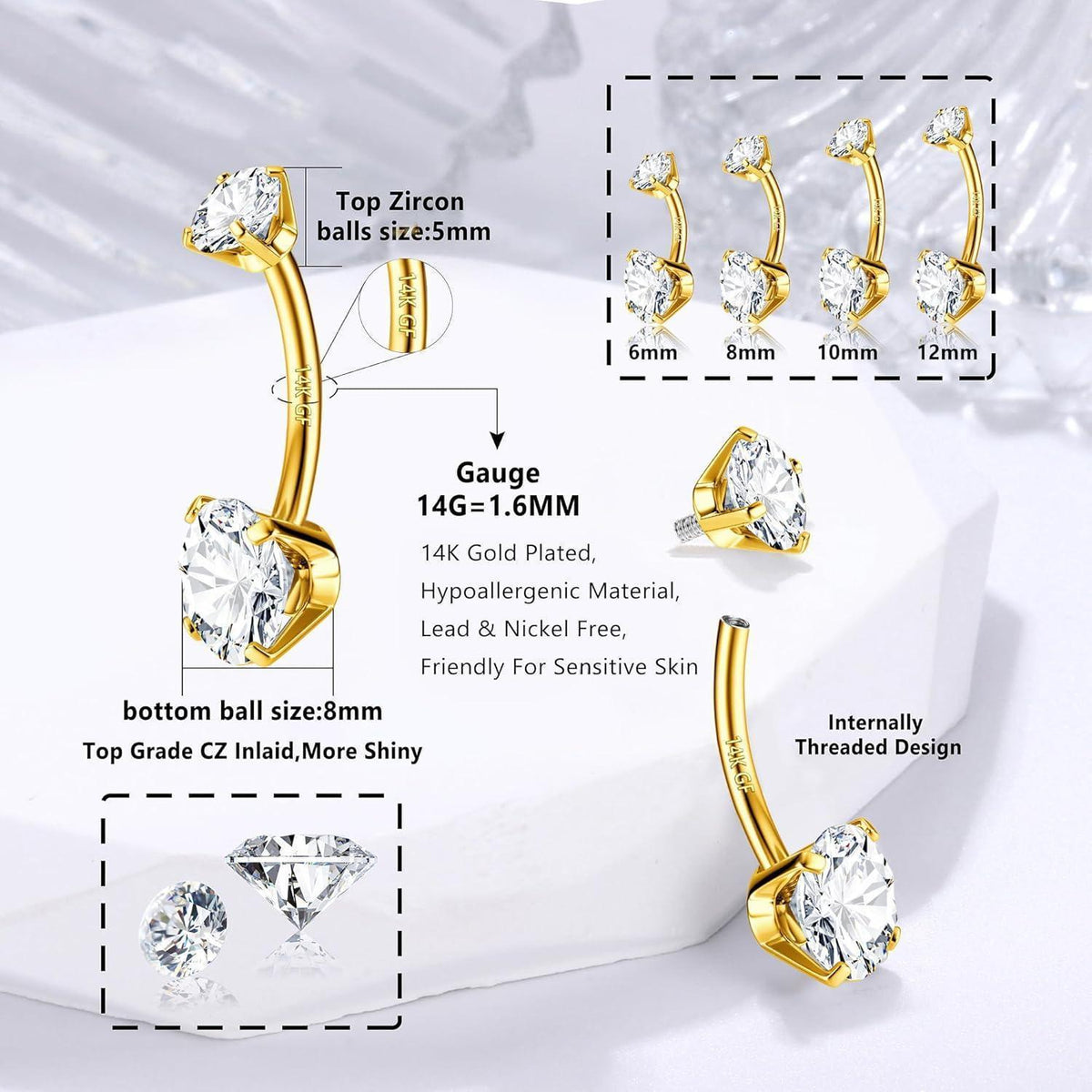 Bauchnabelpiercing 14G 925 Silber Zirkonia Gold Chirurgenstahl 6-12mm