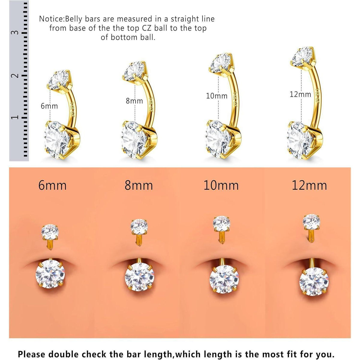 Bauchnabelpiercing 14G 925 Silber Zirkonia Gold Chirurgenstahl 6-12mm