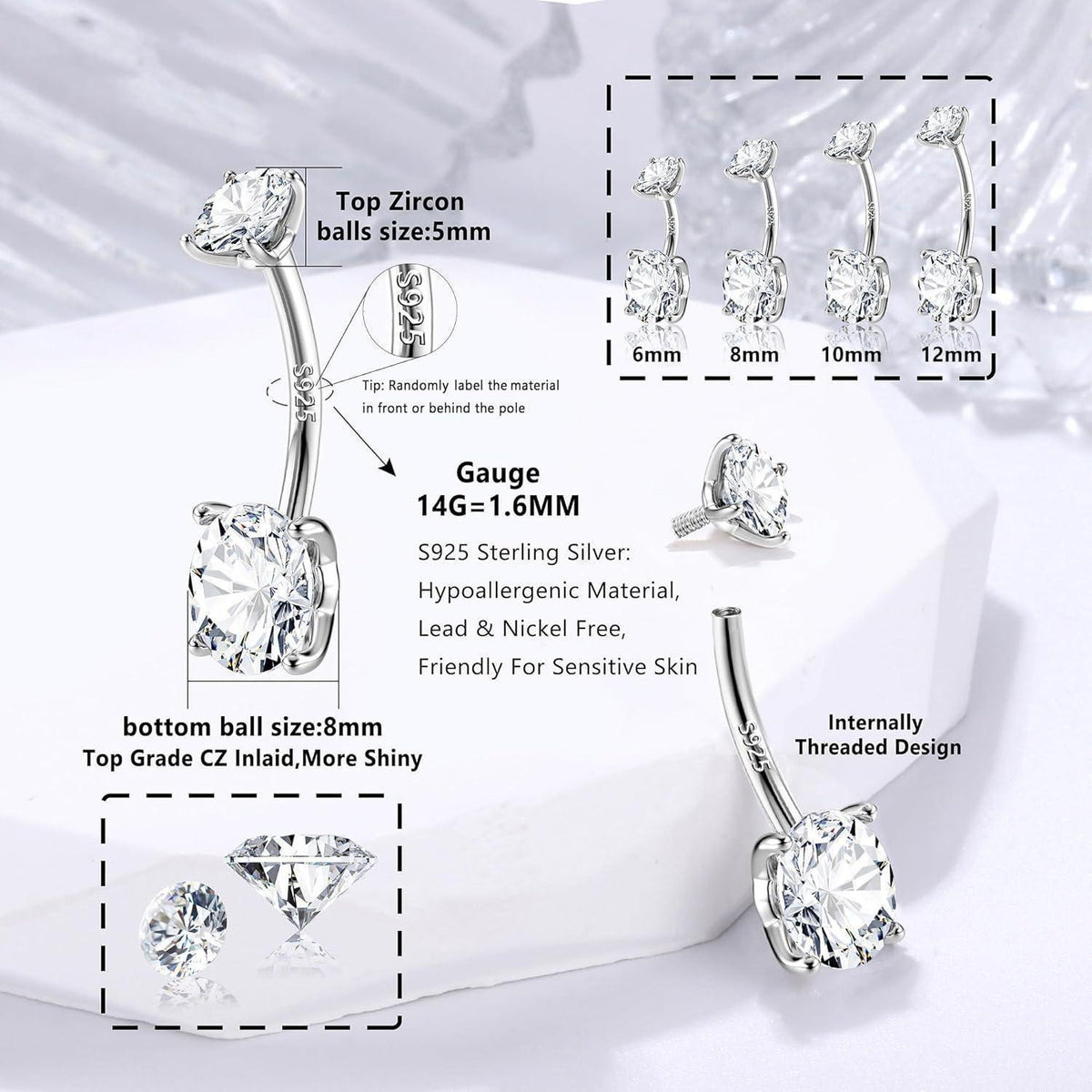 Bauchnabelpiercing 925 Silber Zirkonia 14G Goldfarben 6-12mm Stablänge