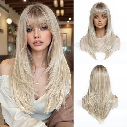 Lange Gerade Blonde Perücke mit Fransen & Ombre Farbverlauf