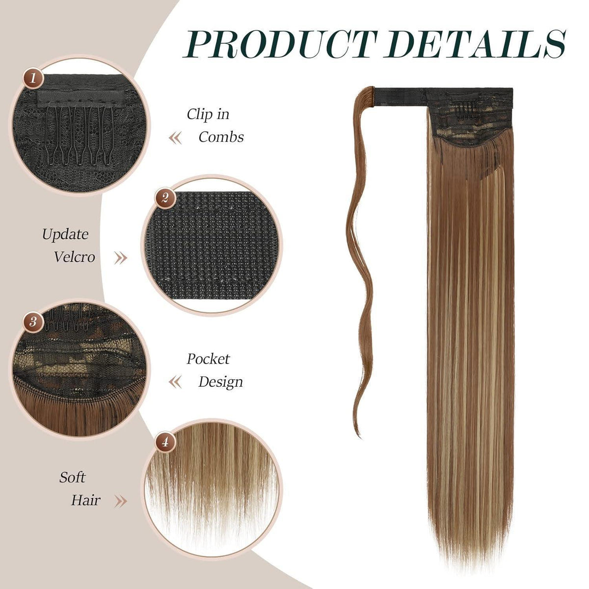 Langer glatter Pferdeschwanz Haarteil Braun & Blond