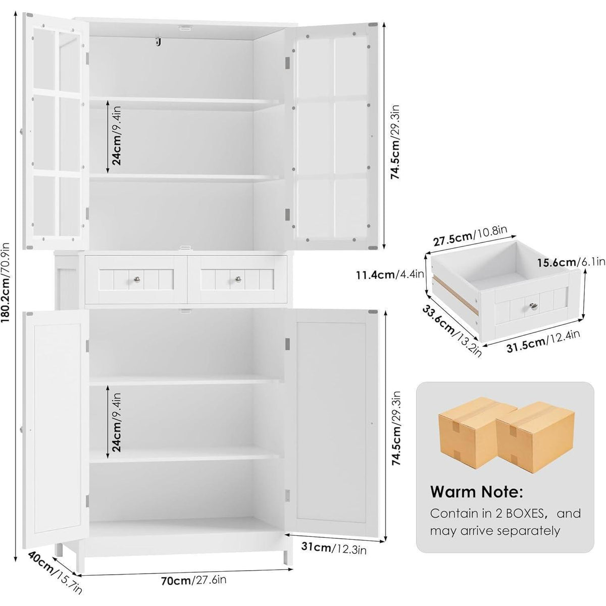 180cm Küchenschrank mit Glastüren & Schubladen – Weiß