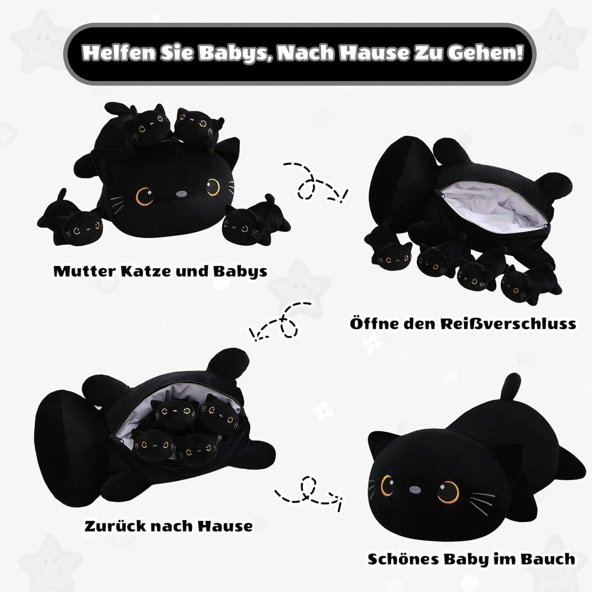 Plüschkissen Schwarze Katze mit 4 Kitten – Kuscheltier Geschenk