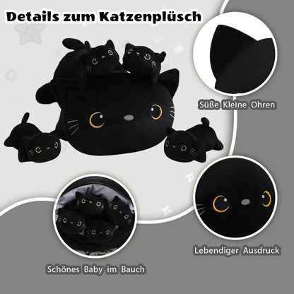 Plüschkissen Schwarze Katze mit 4 Kitten – Kuscheltier Geschenk