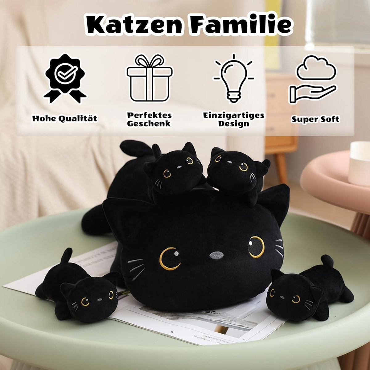 Plüschkissen Schwarze Katze mit 4 Kitten – Kuscheltier Geschenk