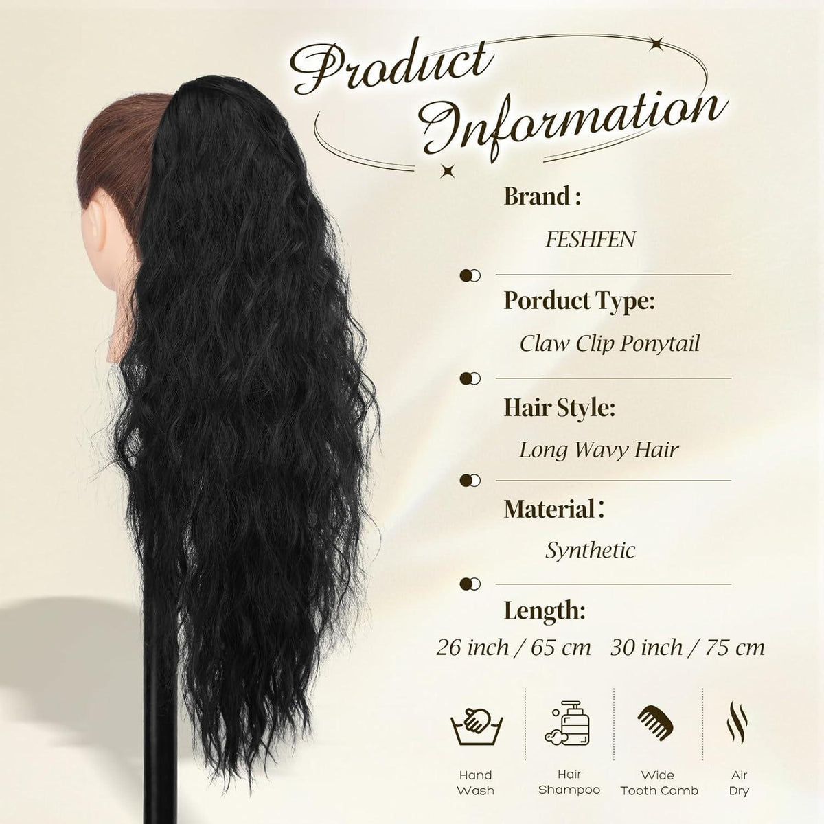 Langer gewellter Pferdeschwanz mit Klammer – 75cm Schwarz