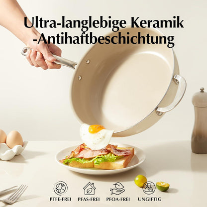 Bratpfanne 28cm mit Deckel, Keramik Antihaft, Induktion, Backofenfest, Beige