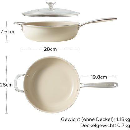 Bratpfanne 28cm mit Deckel, Keramik Antihaft, Induktion, Backofenfest, Beige