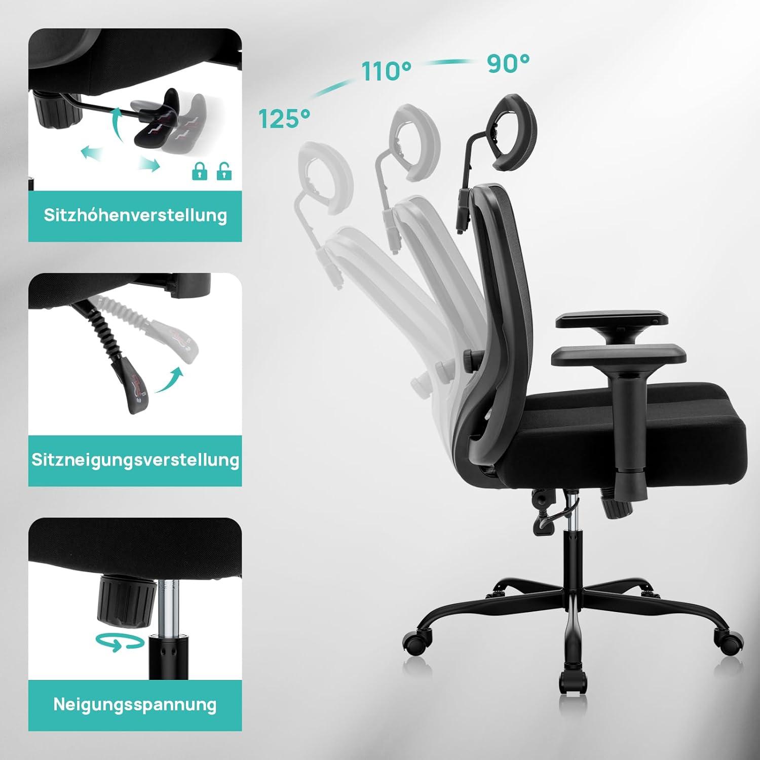 Ergonomischer Bürostuhl 200kg mit 2D-Sitzkissen und Wippfunktion