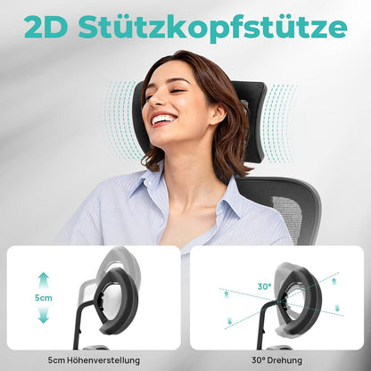 Ergonomischer Bürostuhl mit 2D-Sitzkissen, Lendenwirbelstütze, Kopfstütze - 200kg Schwarz