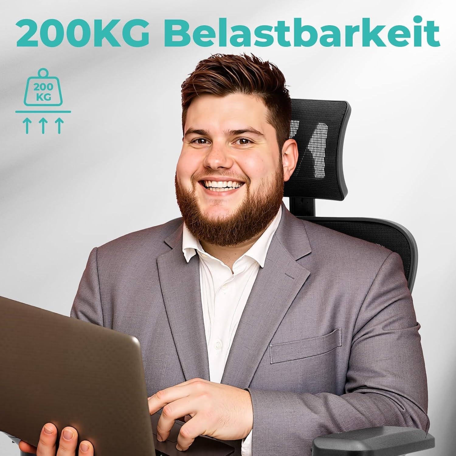 Ergonomischer Bürostuhl 200kg mit 2D-Sitzkissen Schwarz