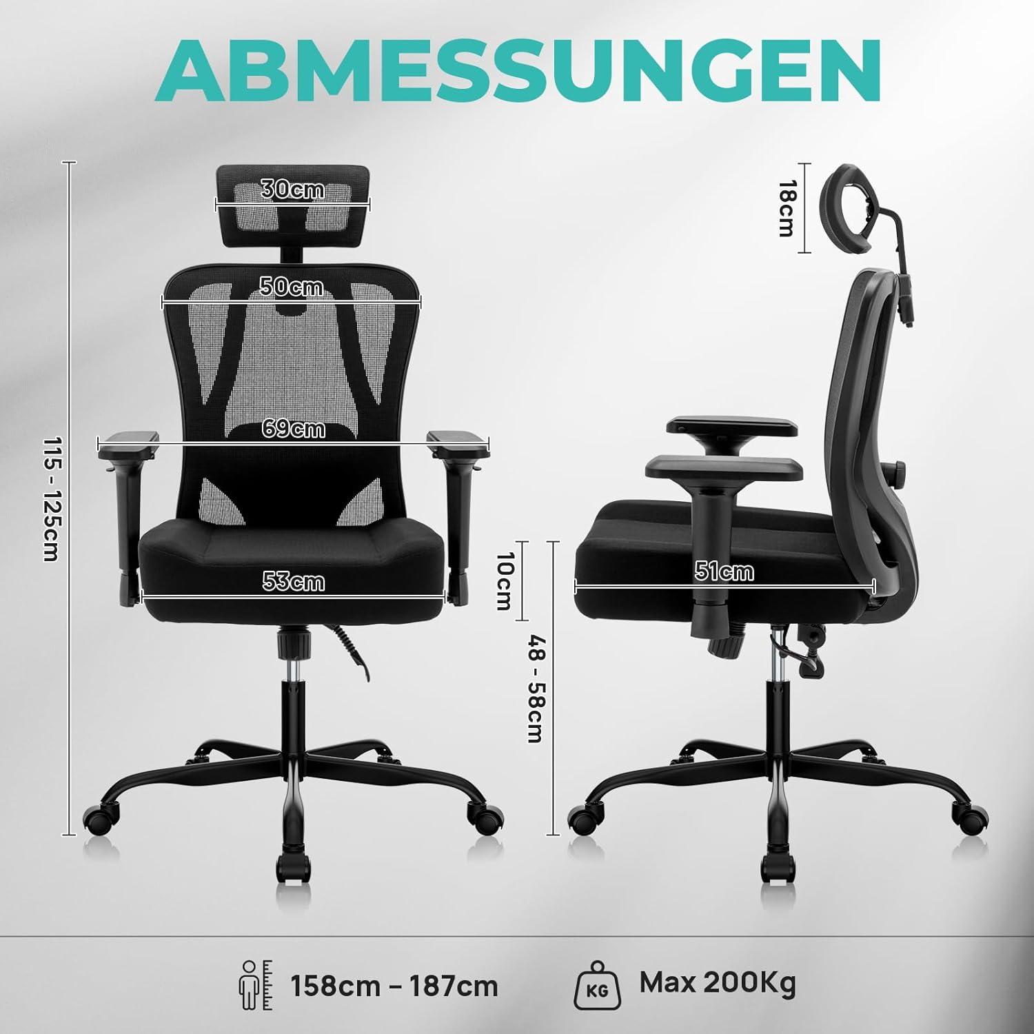 Ergonomischer Bürostuhl 200kg mit 2D-Sitzkissen und verstellbarer
