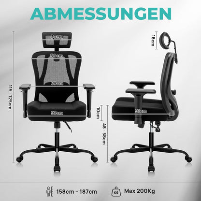 Ergonomischer Bürostuhl 200kg mit 2D-Sitzkissen und verstellbarer