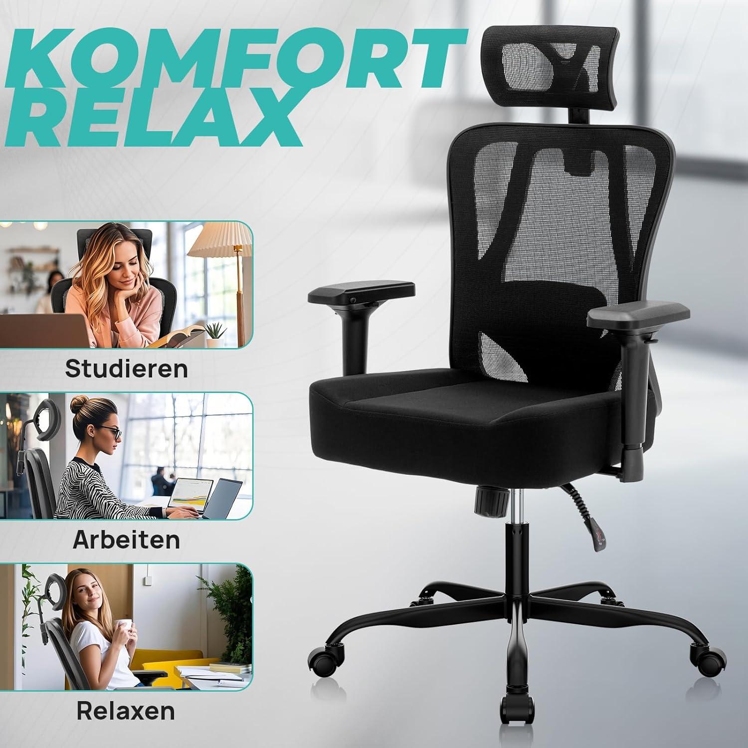 Ergonomischer Bürostuhl mit 2D-Sitzkissen, Lendenwirbelstütze, Kopfstütze - 200kg Schwarz