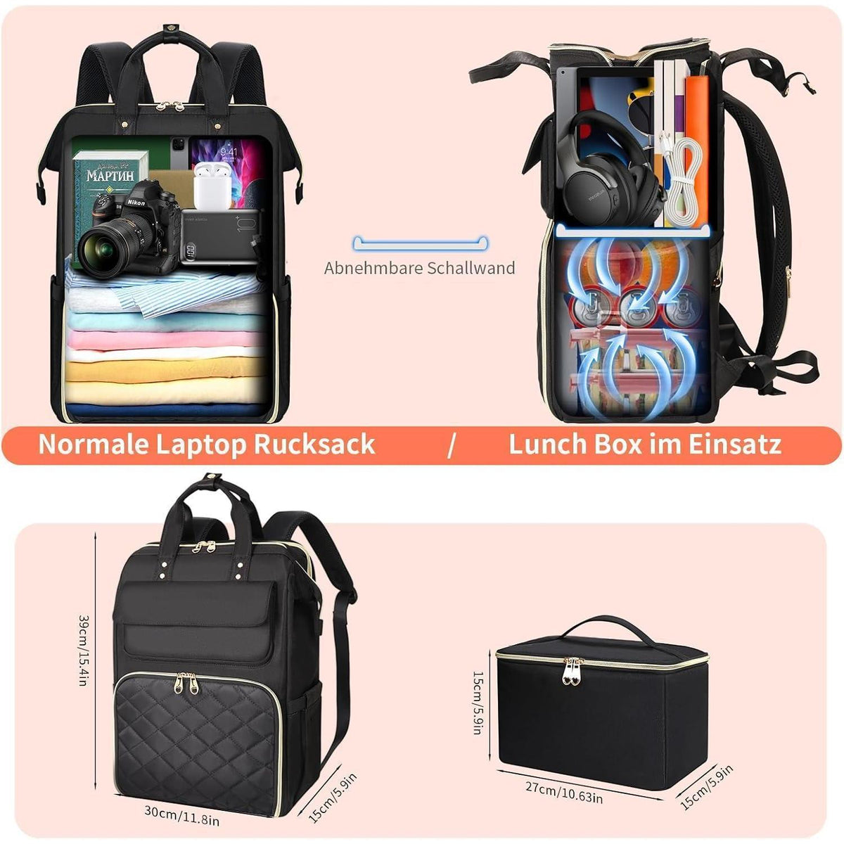 Laptop Rucksack Damen 15,6 Zoll mit Kühltasche & Diebstahlschutz
