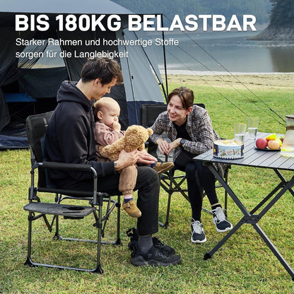 Campingstuhl faltbar mit Seitentisch & Tasche, 180kg belastbar, Schwarz (2 Stück)