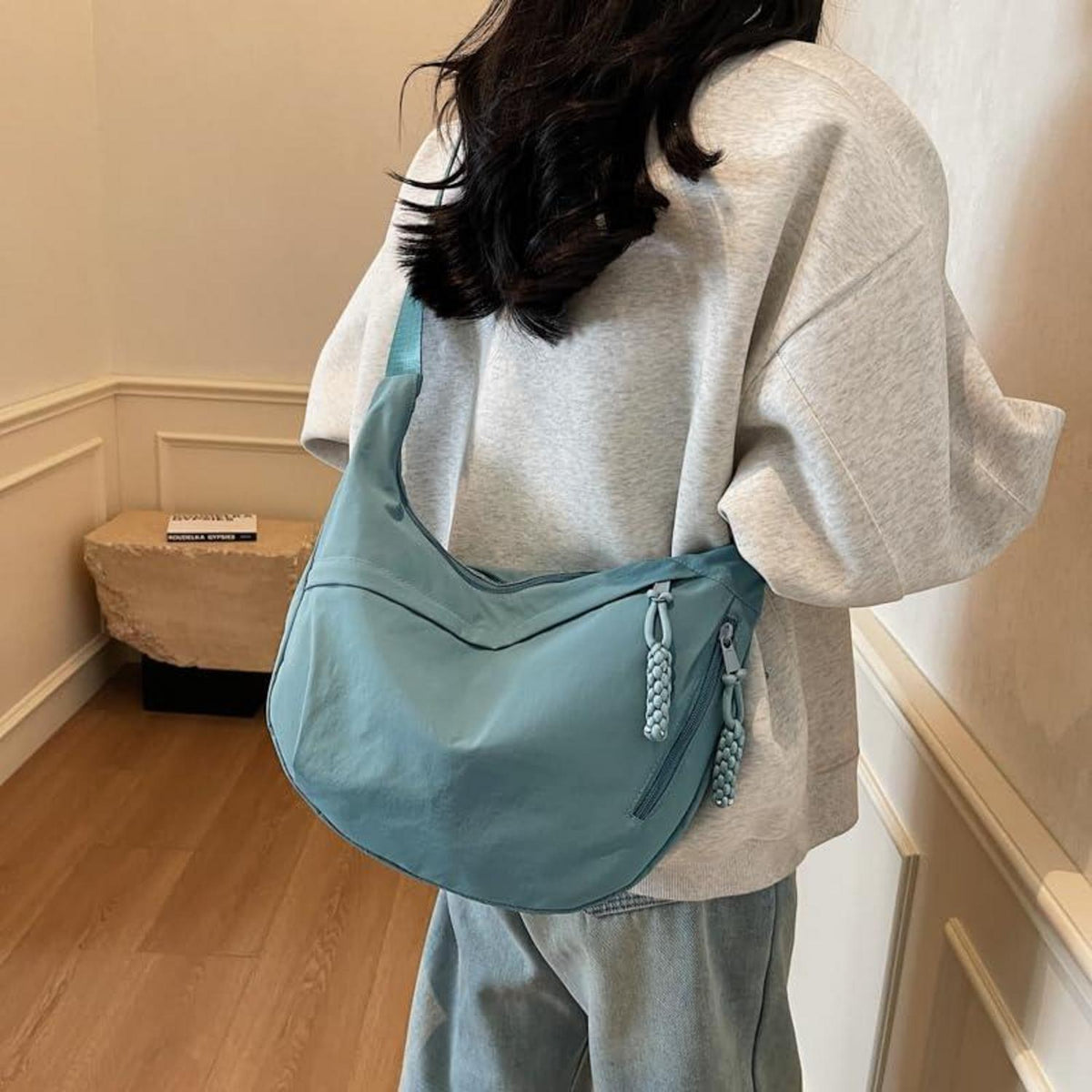 Umhängetasche Halbmond Nylon Groß Hellblau