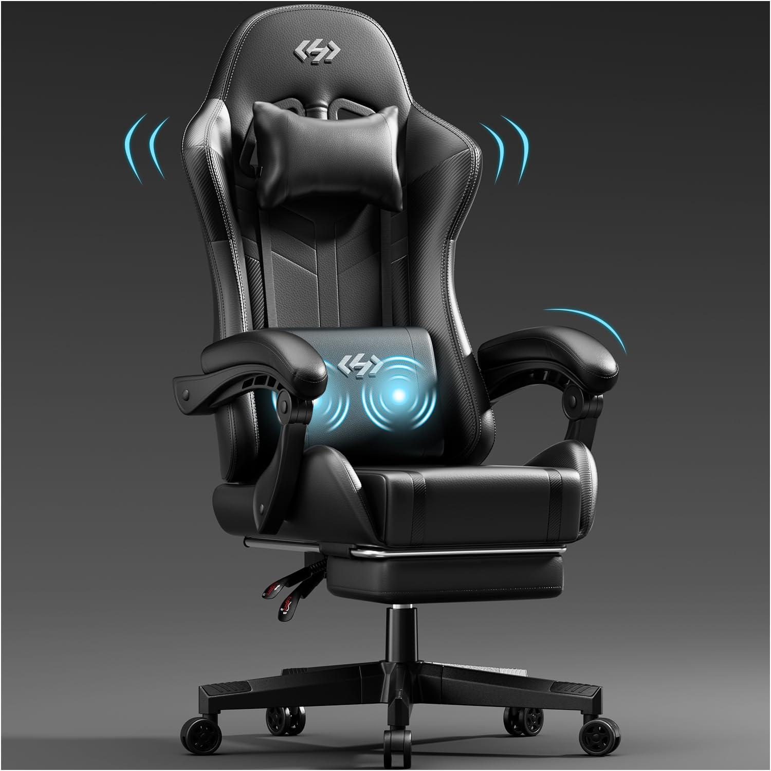 Gaming Stuhl mit Massagefunktion und Fußstütze, Schwarz