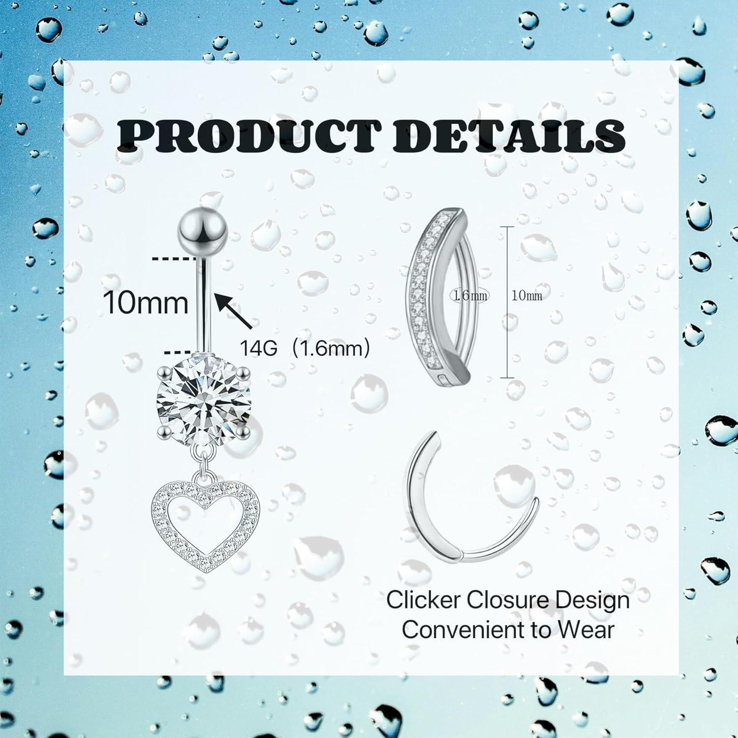 Bauchnabelpiercing Set 14G Chirurgenstahl CZ Herz Schmetterling Silber