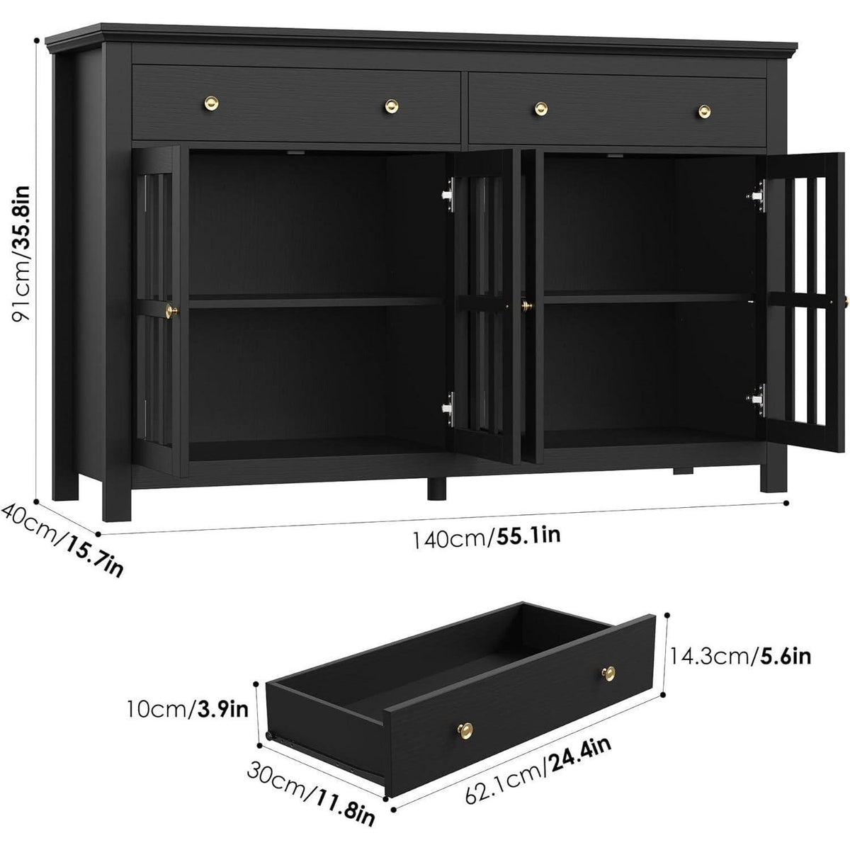 140cm Sideboard mit Glastüren & Schubladen – Küchenbuffet Schwarz