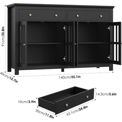 140cm Sideboard mit Glastüren & Schubladen – Küchenbuffet Schwarz