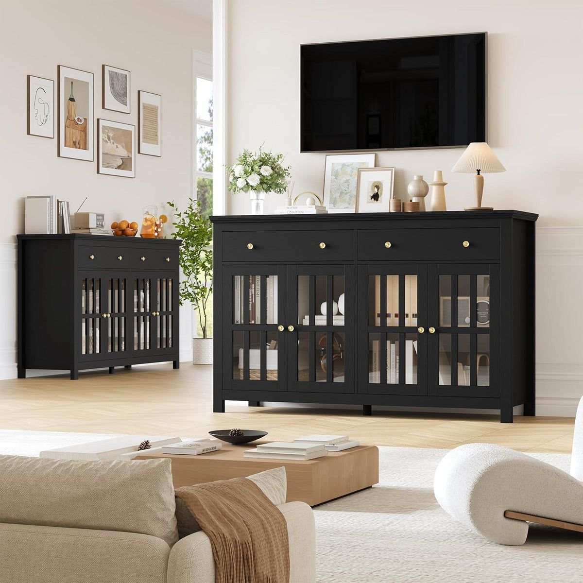 140cm Sideboard mit Glastüren & Schubladen – Küchenbuffet Schwarz