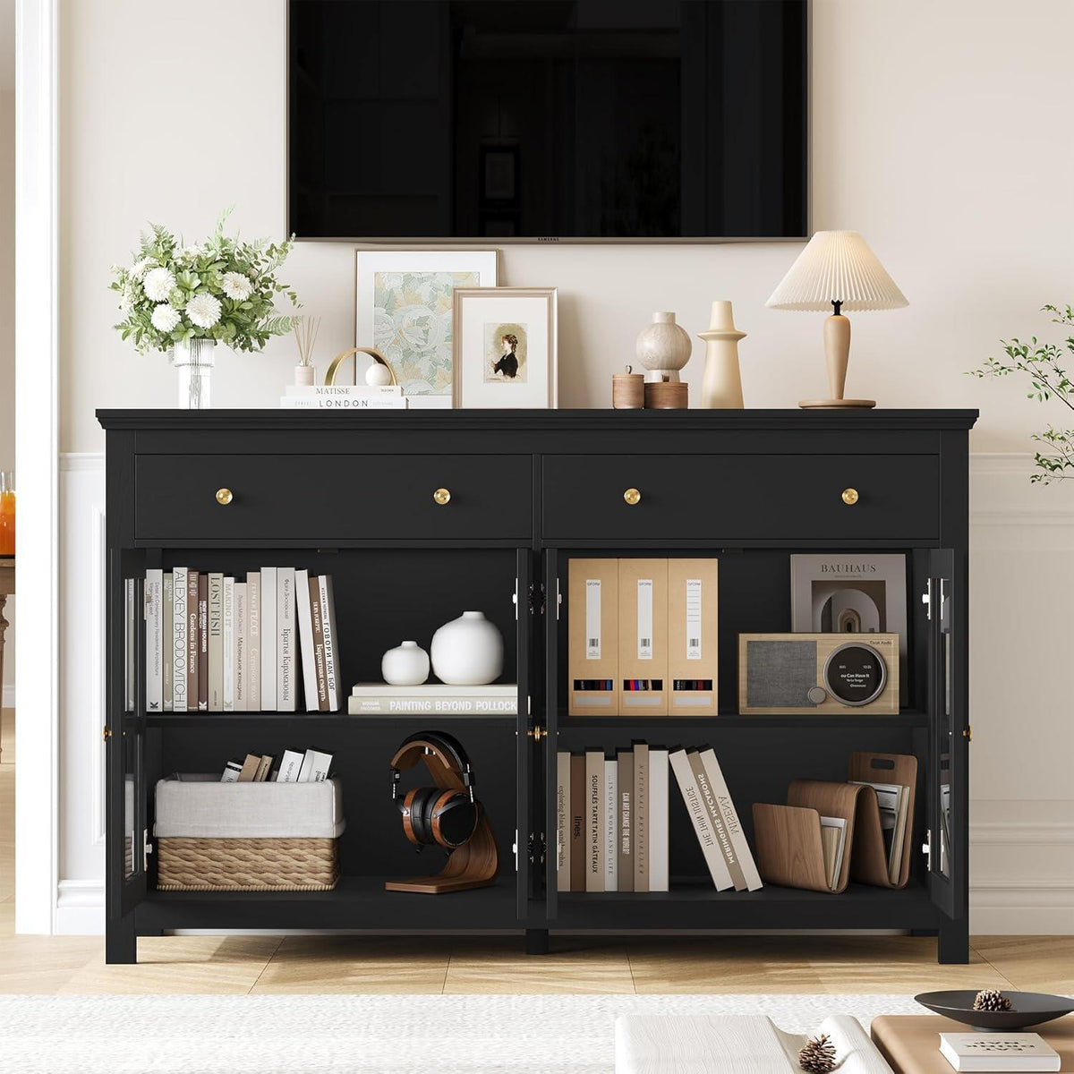 140cm Sideboard mit Glastüren & Schubladen – Küchenbuffet Schwarz