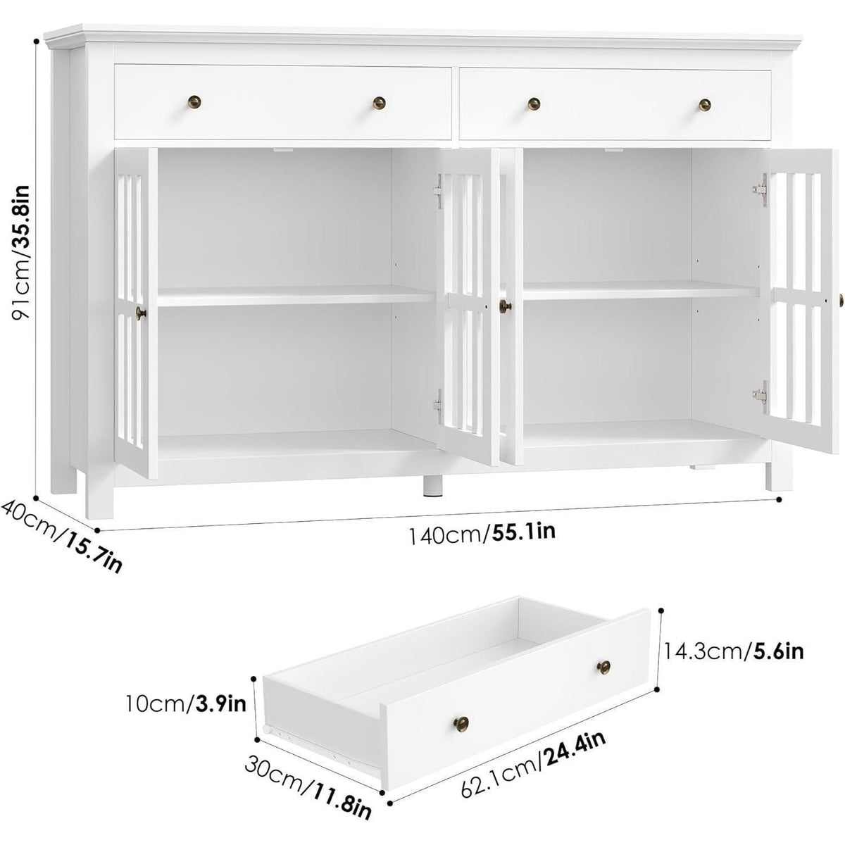 140cm Sideboard mit Glastüren & Schubladen – Küchenbuffet Weiß