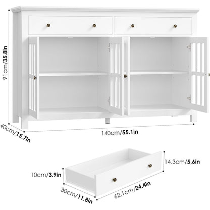 140cm Sideboard mit Glastüren & Schubladen – Küchenbuffet Weiß
