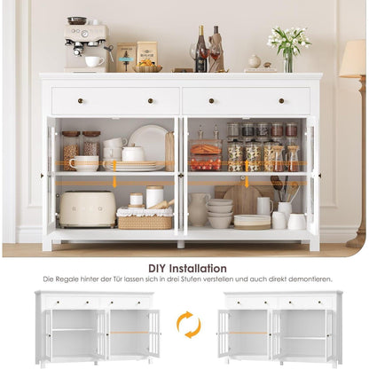 140cm Sideboard mit Glastüren & Schubladen – Küchenbuffet Weiß