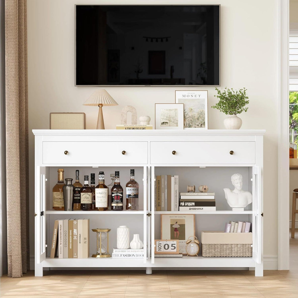 140cm Sideboard mit Glastüren & Schubladen – Küchenbuffet Weiß