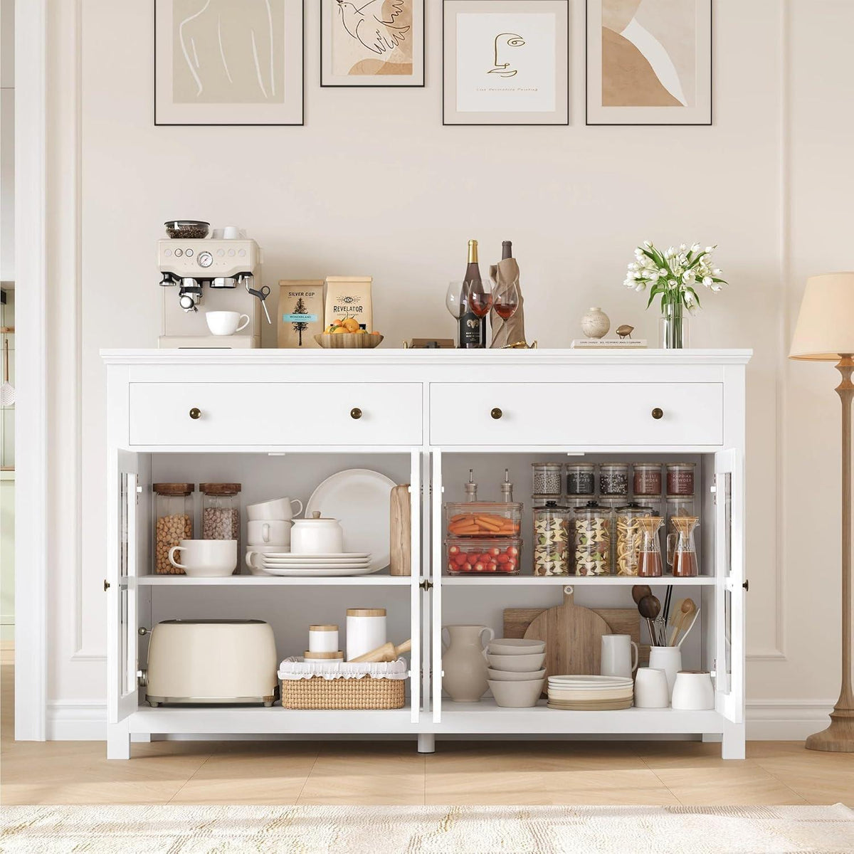 140cm Sideboard mit Glastüren & Schubladen – Küchenbuffet Weiß