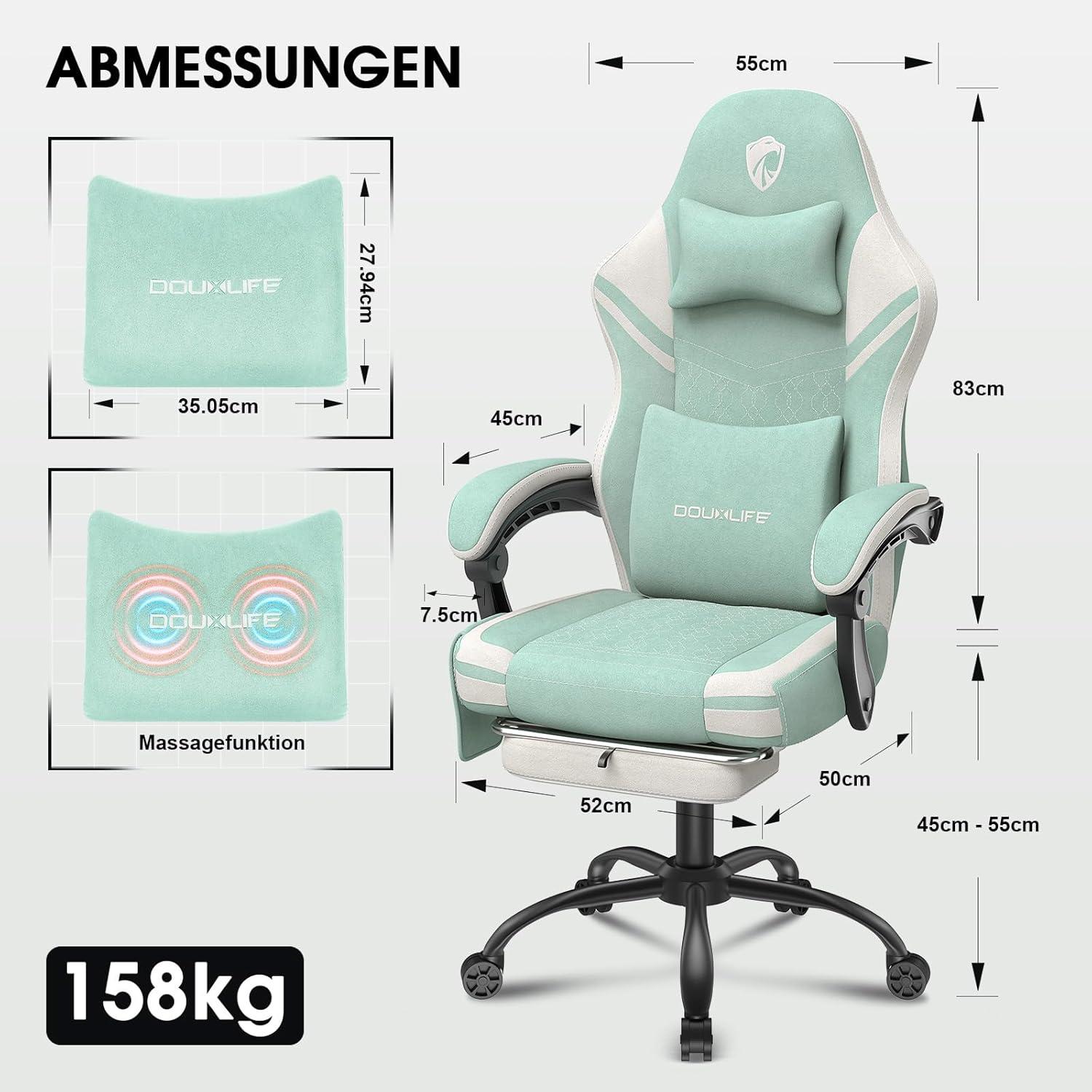 Gaming Stuhl Stoff mit Massage und Fußstütze, Ergonomischer