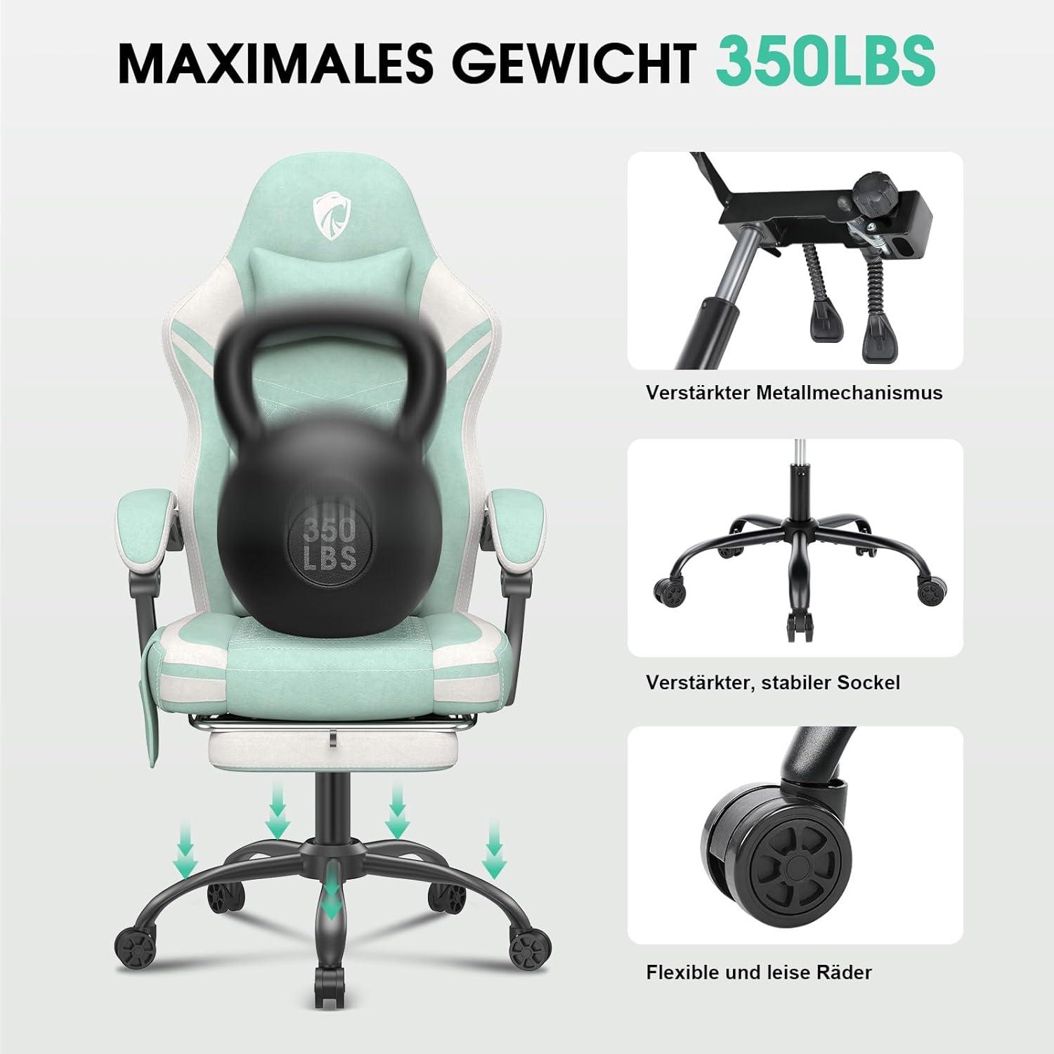 Douxlife Gaming Stuhl Stoff Massage Sitzkissen Fußstütze 158kg Hellgrün