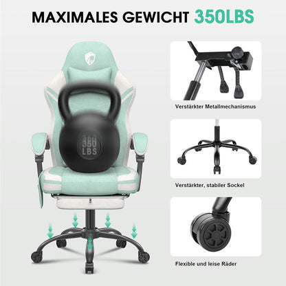 Douxlife Gaming Stuhl Stoff Massage Sitzkissen Fußstütze 158kg Hellgrün
