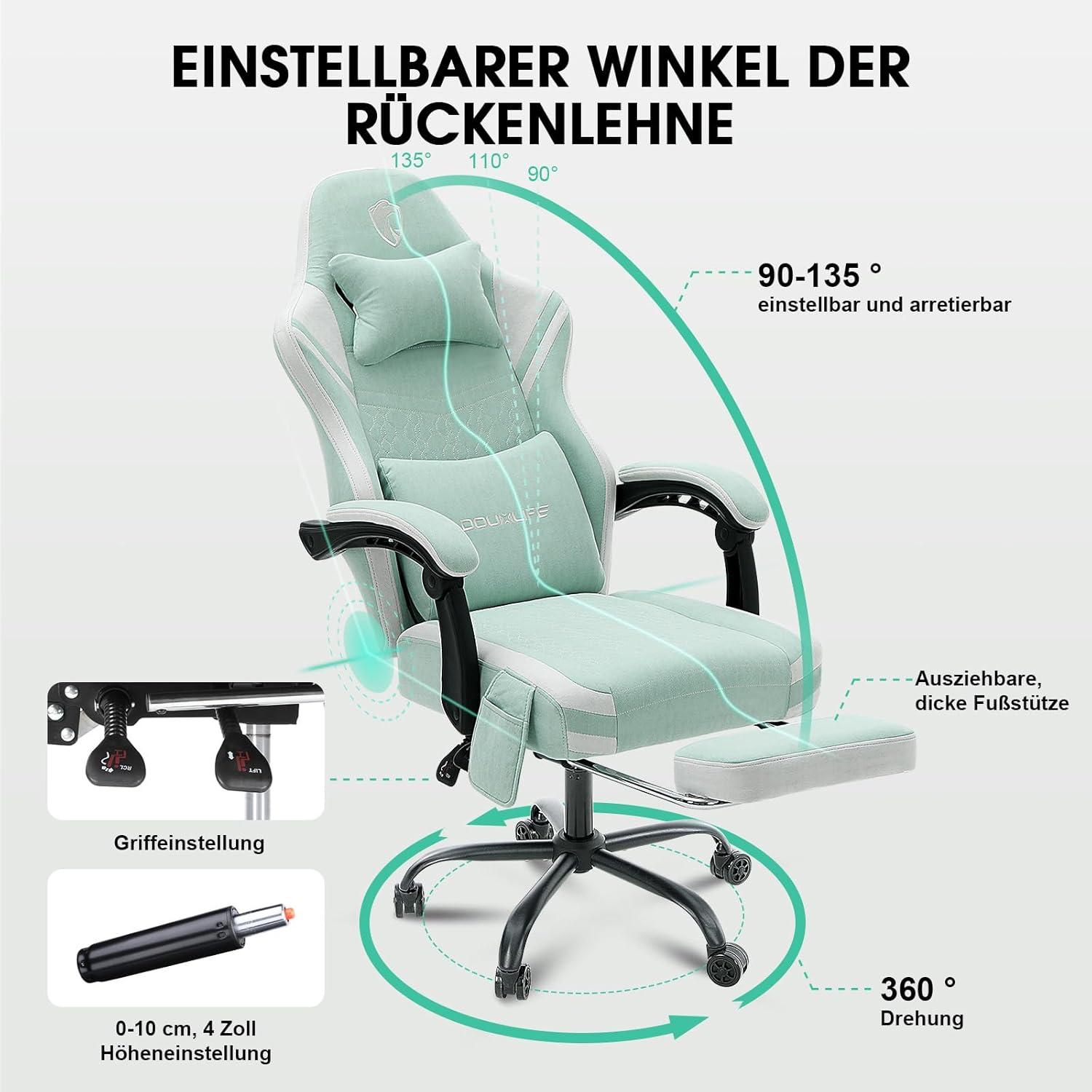 Gaming Stuhl mit Massage, Sitzkissen, Taschenfedern, Fußstütze, Metallfüße: Ergonomischer PC Gamer Sessel, 158 kg, Hellgrün
