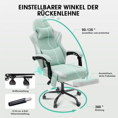 Gaming Stuhl mit Massage, Sitzkissen, Taschenfedern, Fußstütze, Metallfüße: Ergonomischer PC Gamer Sessel, 158 kg, Hellgrün
