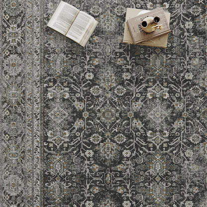 Vintage Teppich Schwarz 160x230cm – Waschbarer Wohnzimmerteppich