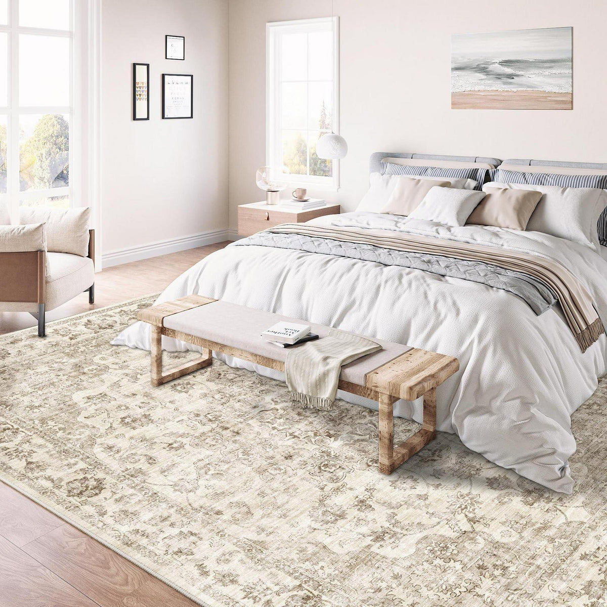 Vintage Teppich 240x300cm Beige – Waschbar & Rutschfest