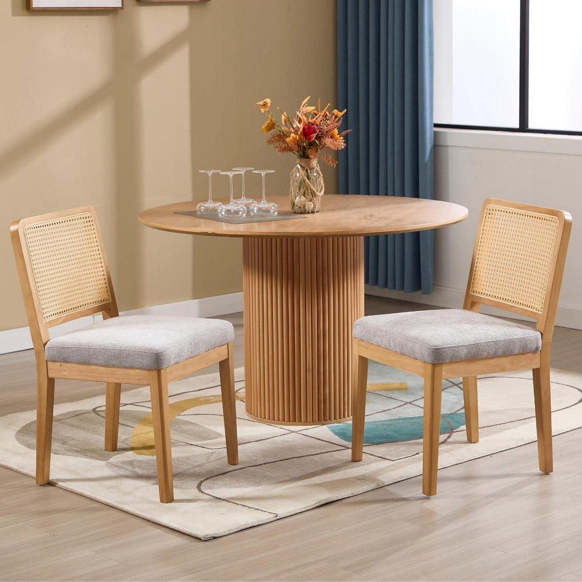 Esszimmerstühle Set 2 Grau Chenille Rattan Holz Retro