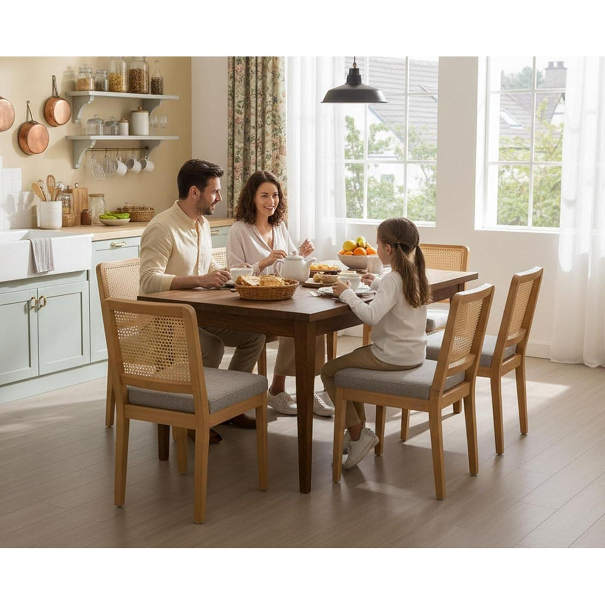 Esszimmerstühle Set 2 Grau Chenille Rattan Holz Retro