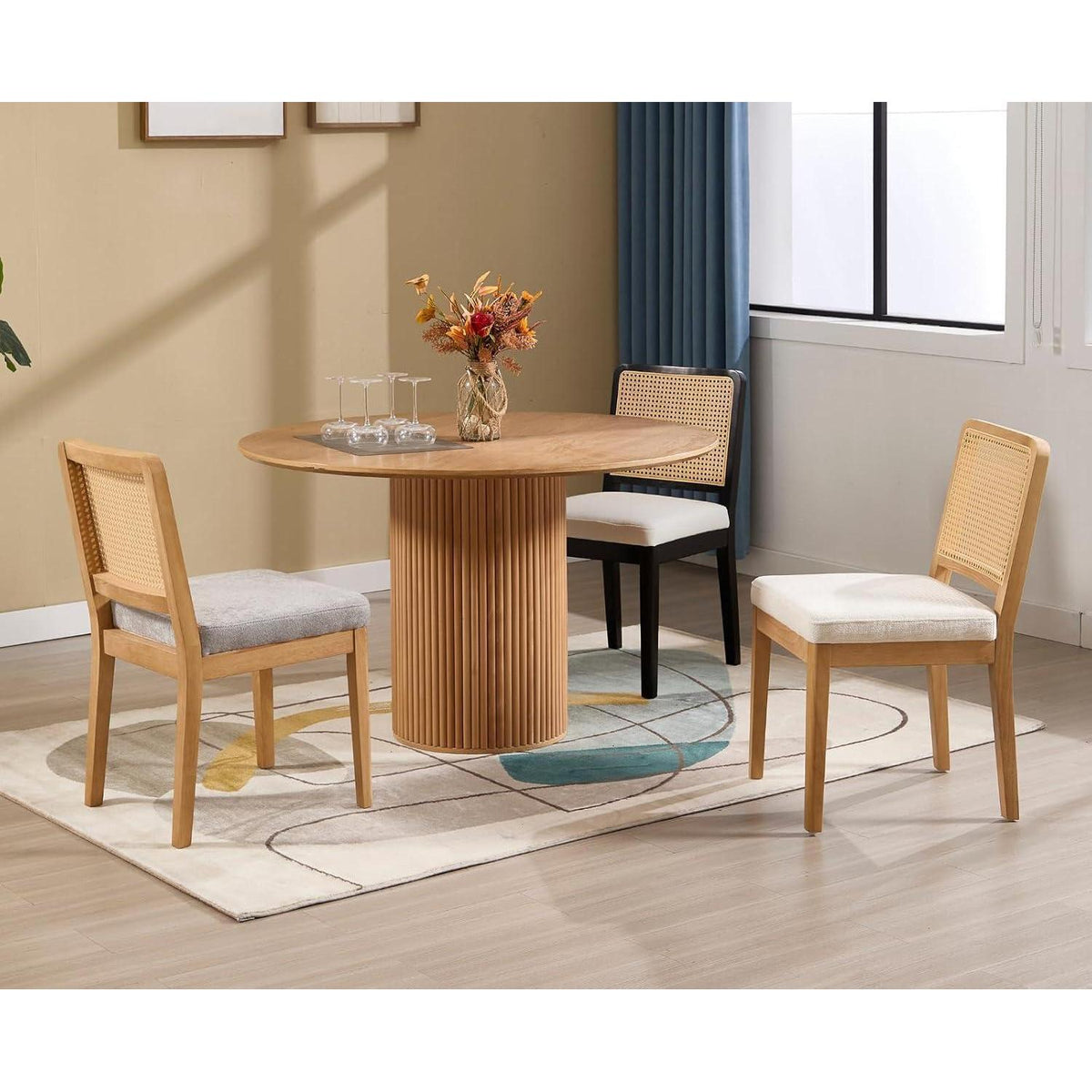 Esszimmerstühle 4er Set Leinen Rattan Retro Holz Schwarz