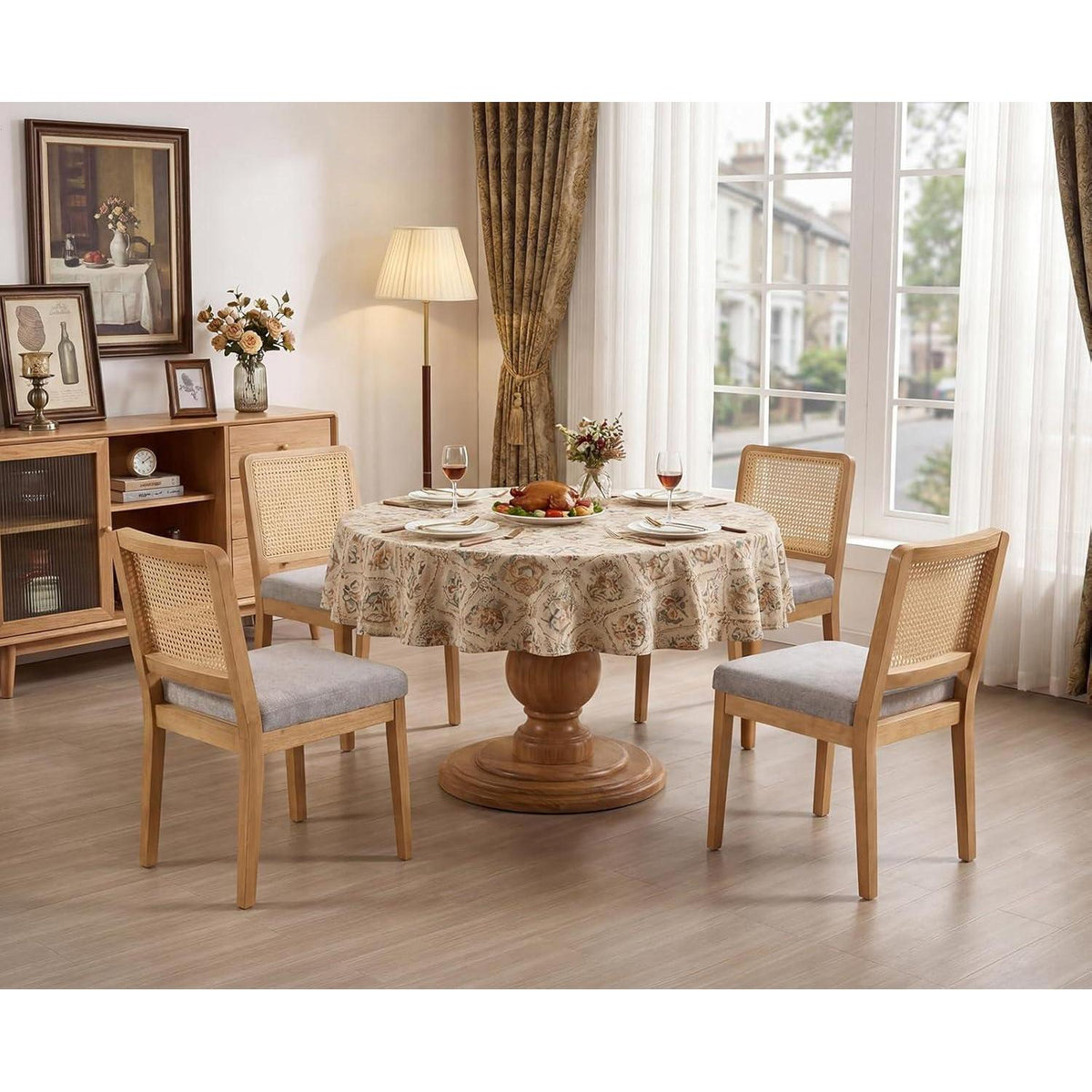 Esszimmerstühle Set 4 – Grau, Chenille & Rattan Retro Stil