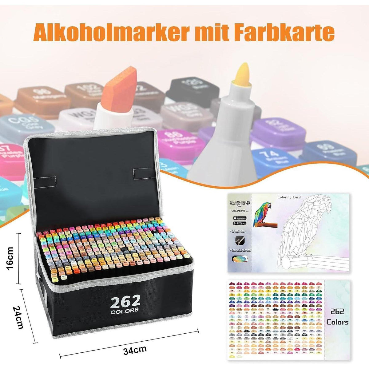 262er Alkohol Marker Set mit App | Doppelspitze & Farbkarte