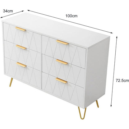 Weißer Kommodenschrank mit 6 Schubladen & Metallfüßen