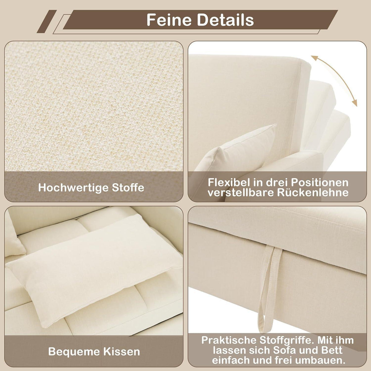 Zweisitzer Sofa mit Schlaffunktion – Beige Linienstoff