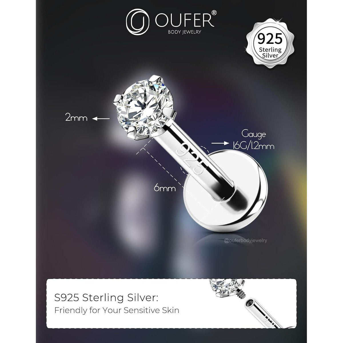 Helix Piercing 925 Silber 16G 6mm mit Zirkonia Innengewinde