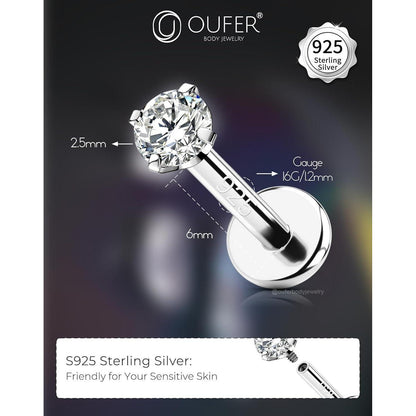 Helix Piercing 925 Silber 16G 6mm mit Zirkonia Innengewinde